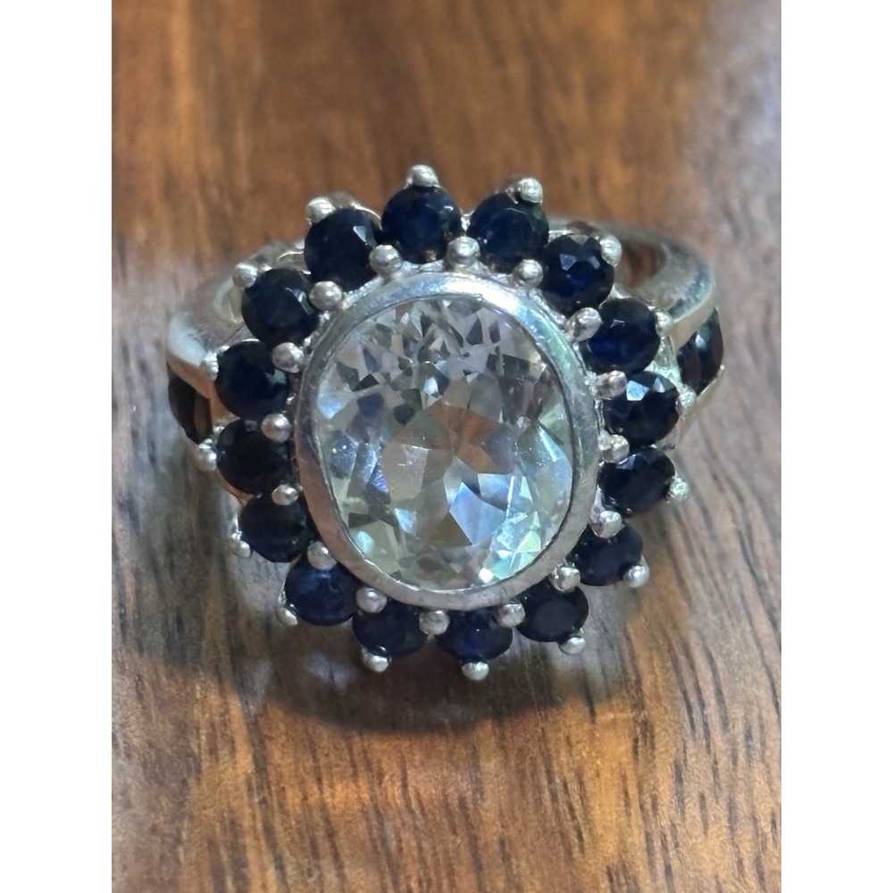 Beautiful Glacier Topaz Surrounded By Sapphires Sterling Silver Ring Size 8